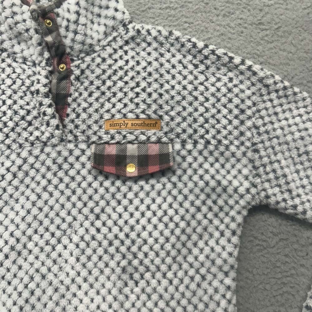Simply Southern White and Black Patterned Fleece Pullover with Plaid Accents - Picture 2 of 9